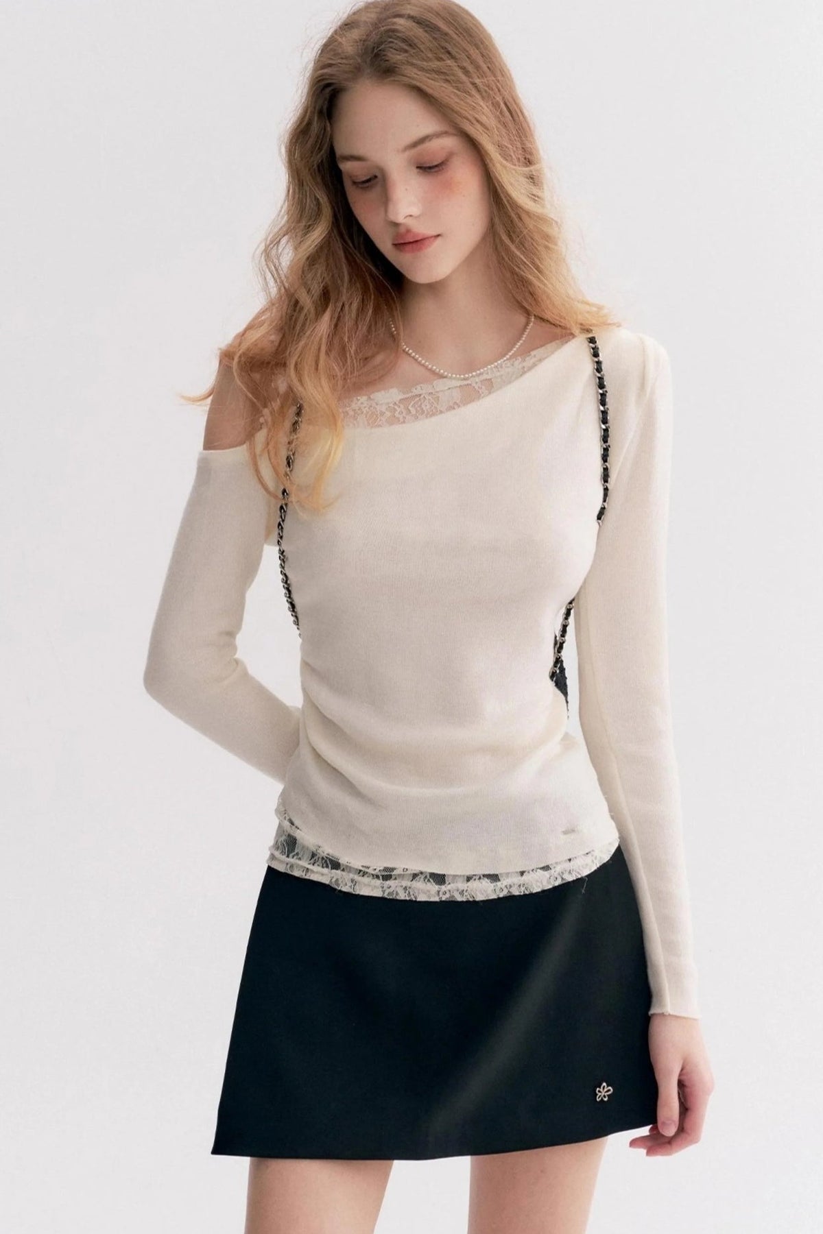 Lace Trim One Shoulder Slim Long Sleeve Blouse
