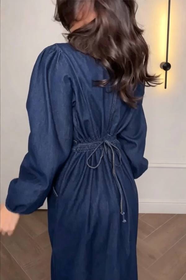 Josephina Denim Button Up Balloon Sleeve Elastic Waist Tie-up Pocket Midi Dress