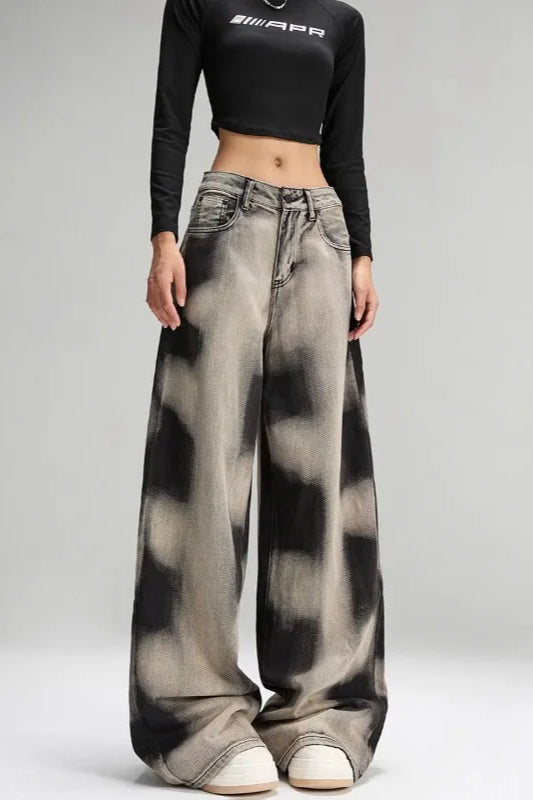 Vintage Grey Tie Dye Wide Leg Jeans