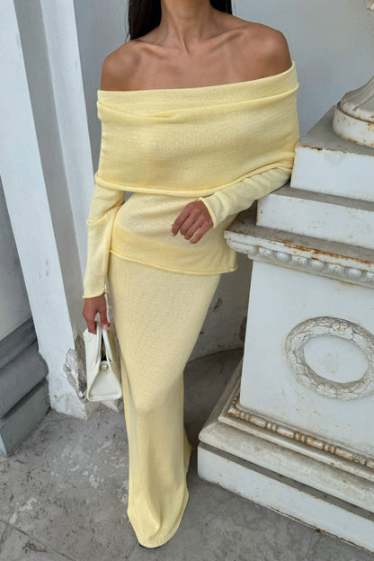 Off Shoulder Knit Top Maxi Skirt Set