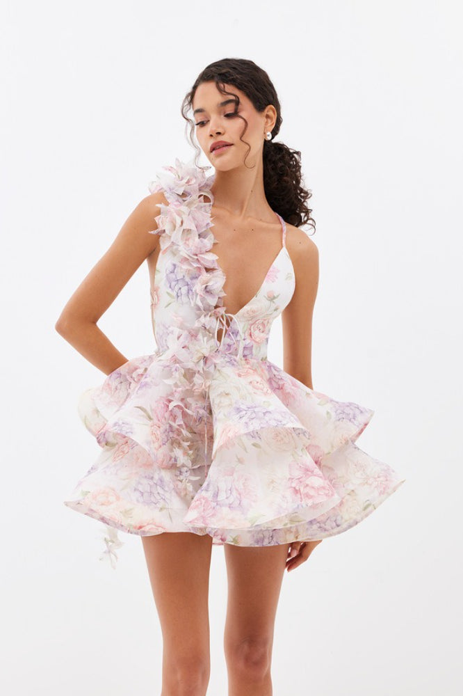 V Neck Backless Strap Slim Floral Dress