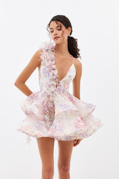 V Neck Backless Strap Slim Floral Dress