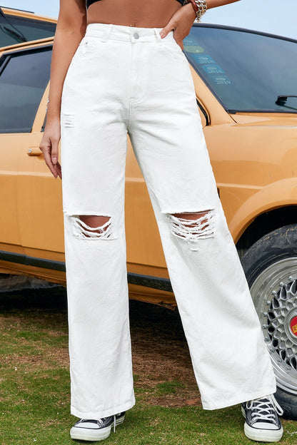 Ripped High Waist Casual Wide Leg Jeans