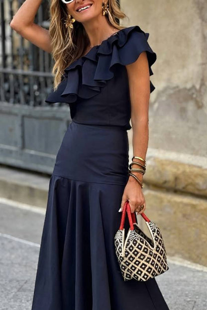 One-Shoulder Ruffled Waist-Tiered Midi Dress