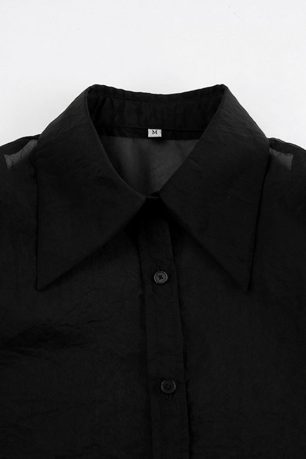 Sheer Mesh Long Sleeve Shoulder Pad Blouse