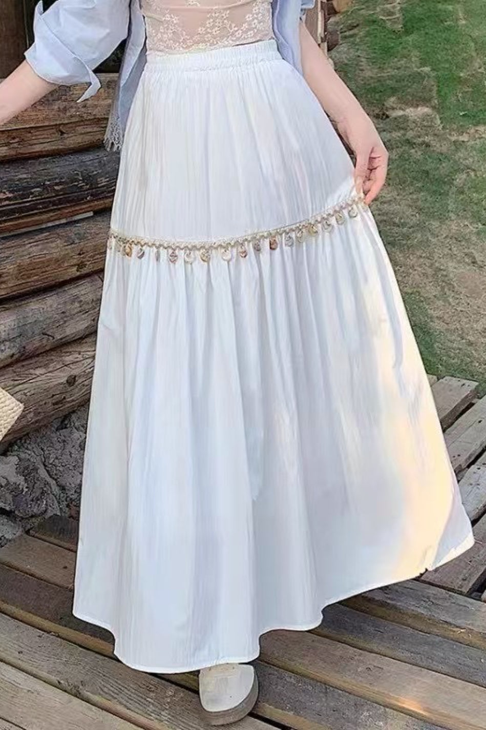 Minimal Shell Detail Fringe Patchwork Boho Skirt