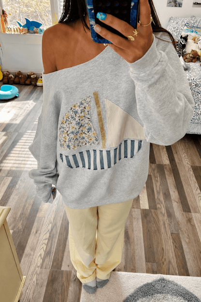 Sailboat Patchwork Off Shoulder Sweatshirt