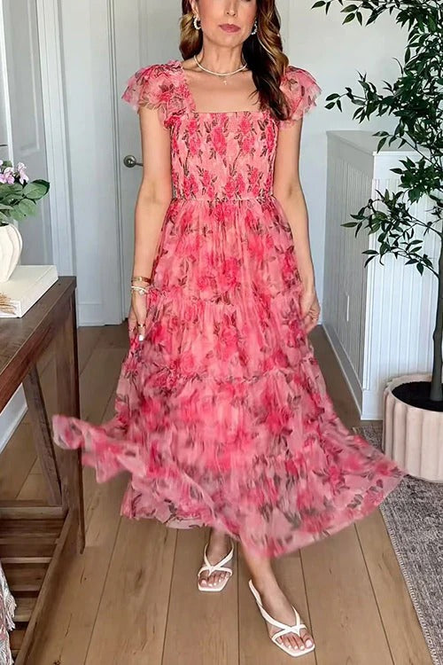 Square Neck Sleeveless Ruffle Tiered Midi Dress