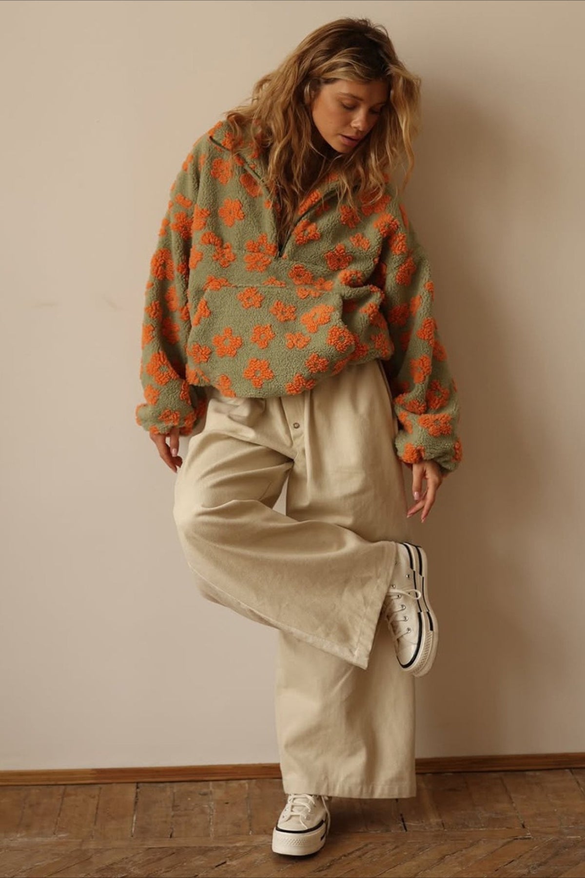 Floral Sherpa Quarter Zip Pullover Sweatshirt