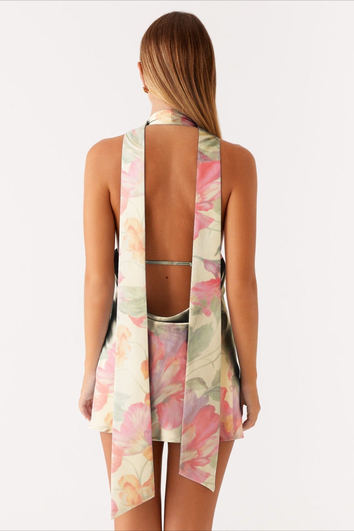 Deep V Neck Backless Tie Detail Mini Floral Dress