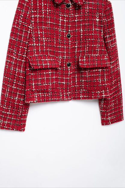 Padded Shoulder Tweed Two Piece Blazer Skirt Set