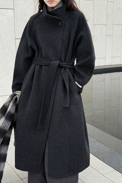 Wool Double Faced Diagonal Button Collar Long Overcoat