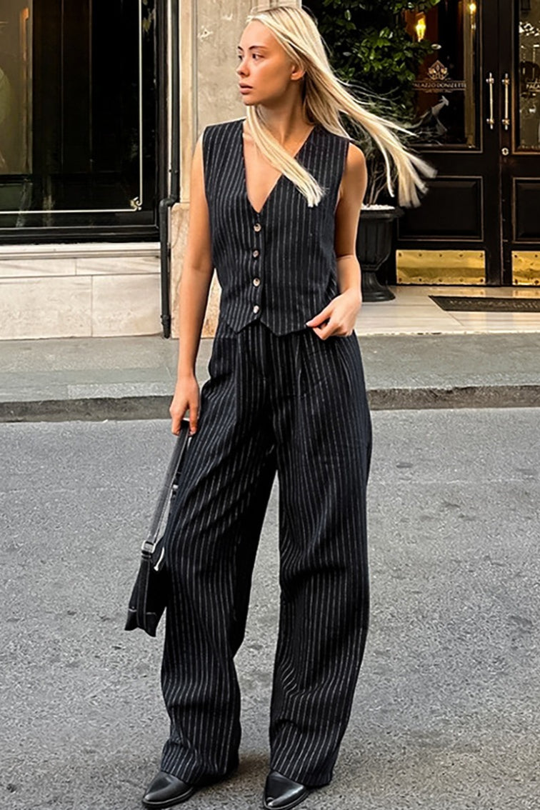 High Waist Striped V Neck Two Piece Vest Pants Set