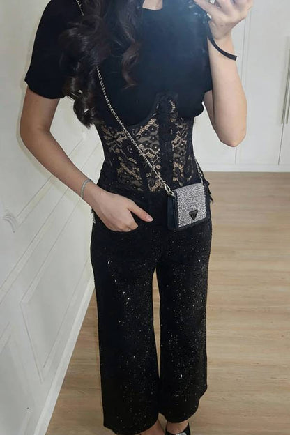 Deelia Lace Fishbone Short Sleeve Back Lace-up Waisted T-shirt
