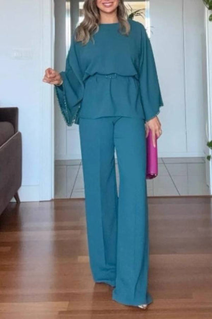Beaded Wide-Sleeve Waisted Wide-Leg Pants Two-Piece Set
