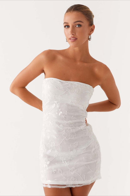 Strapless Sequin Embroidery Bodycon Mini Floral Dress