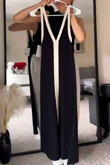 Color-Blocked Deep V-Neck Strappy Maxi Dress
