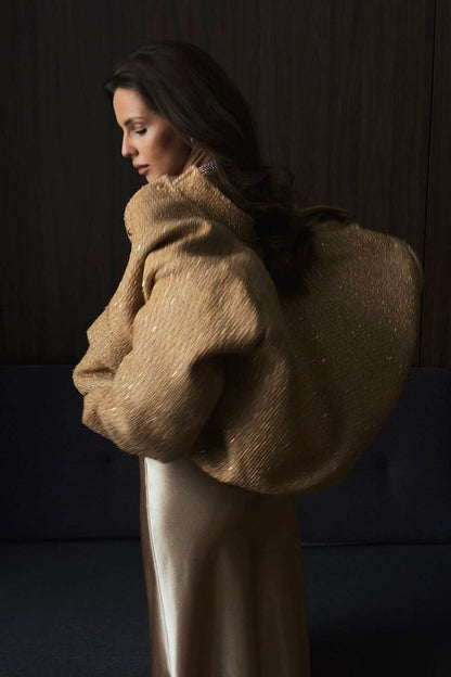 Metallic Sequined Stand Collar Coat