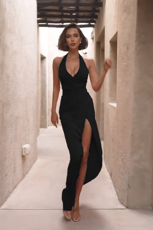 Halter Neck V-Slit Evening Wrap Dress