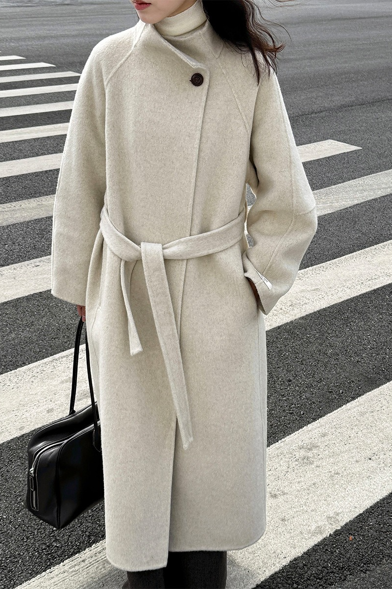 Wool Double Faced Diagonal Button Collar Long Overcoat