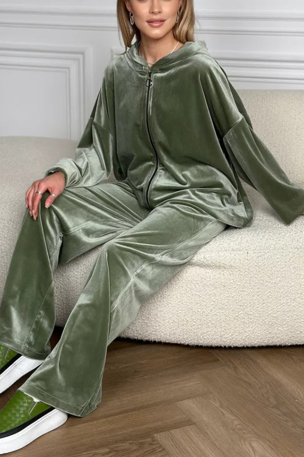 Velvet Zipper Hooded Pure Color Two -piece Suit