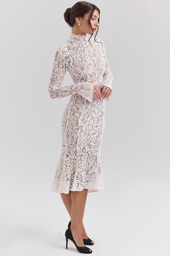 Crew Neck Lace Long Sleeve Mermaid Bodycon Lace Dress