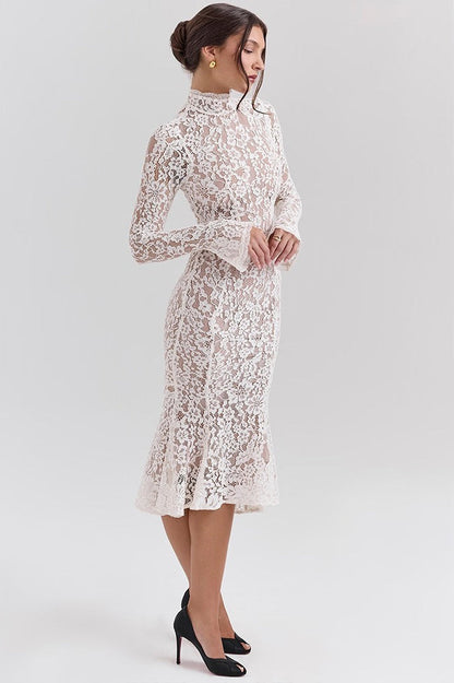 Crew Neck Lace Long Sleeve Mermaid Bodycon Lace Dress