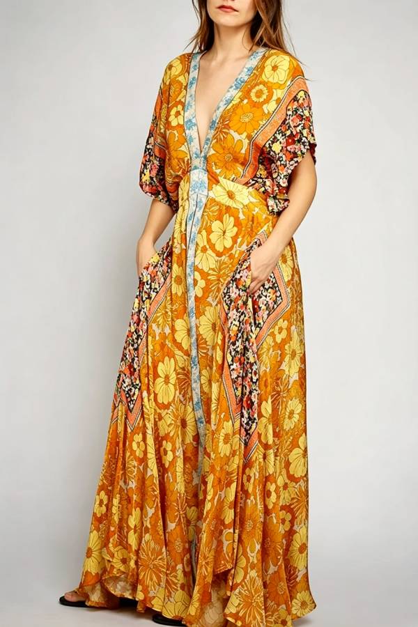 Boho Color-blocked Floral Print Wide Sleeve Tie-up Waist Pocket Maxi Dress