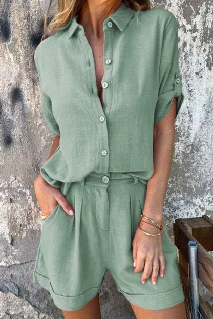 Linen Blend Solid Color Button Lapel Short Sleeve Shirt and Casual Pocket Shorts Set