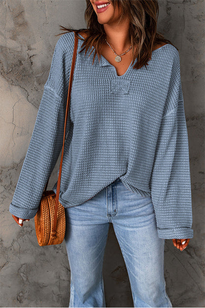 Dusk Blue Waffle Split V Neck Drop Shoulder Long Sleeve Top