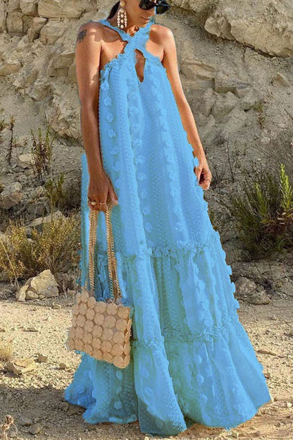 3D Floral Applique Halter Keyhole Tiered Maxi Dress