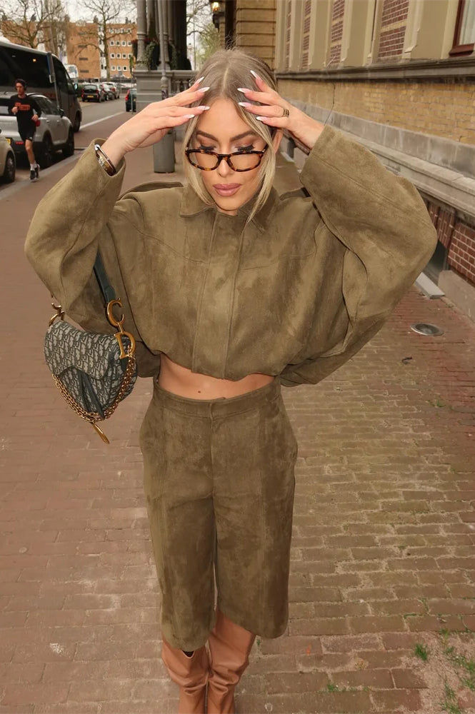 Suede Cropped Zip-Up Jacket