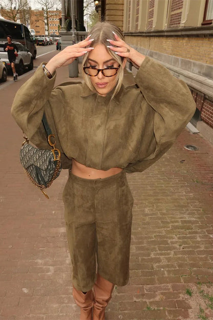 Suede Cropped Zip-Up Jacket