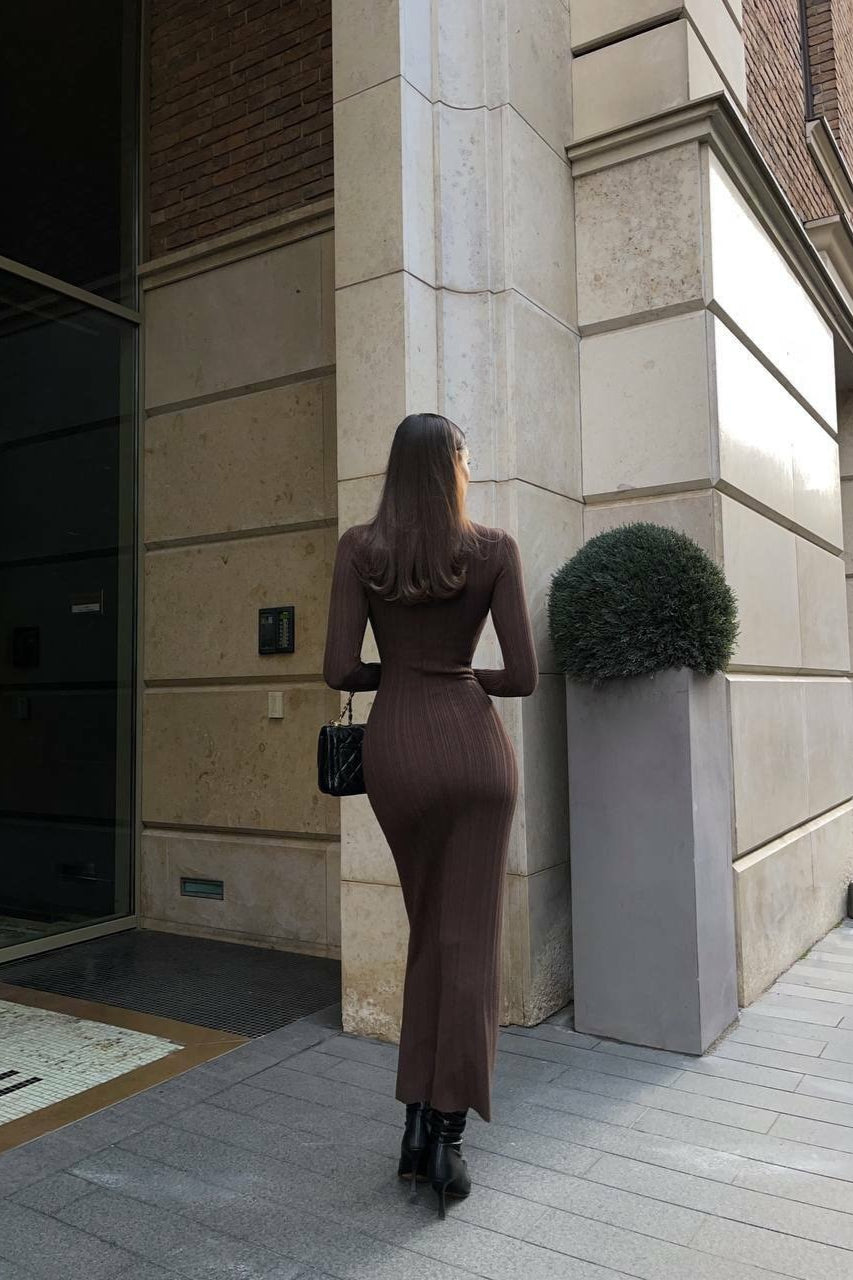 Turtleneck Striped Knit Slim-Fit Long Sleeve Sweater Dress