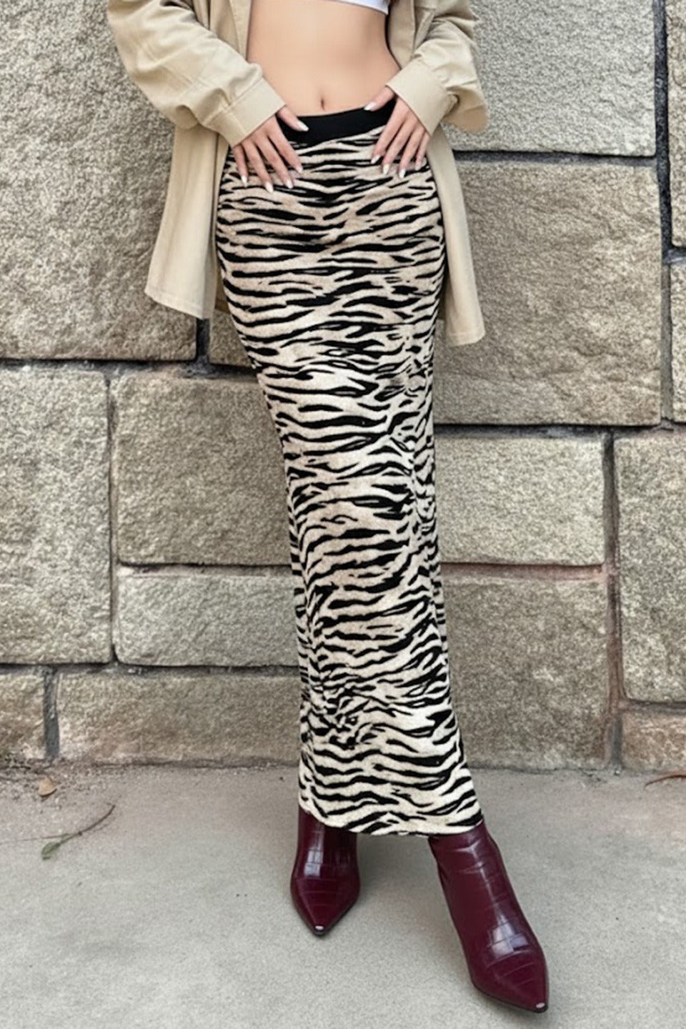 High Waist Zebra Print Office Midi Skirt
