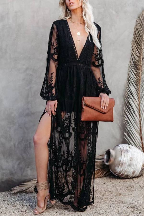 Deep V Lace Embroidered Sheer Maxi Dress