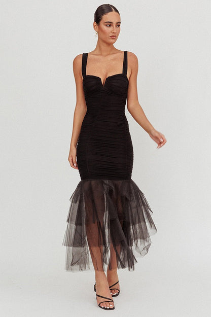 Mesh Insert Spaghetti Strap Ruched Prom Dress