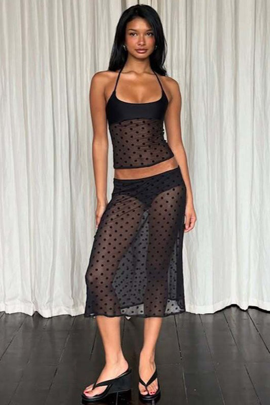 Polka Dot Mesh Halter Sheer Midi Skirt Set