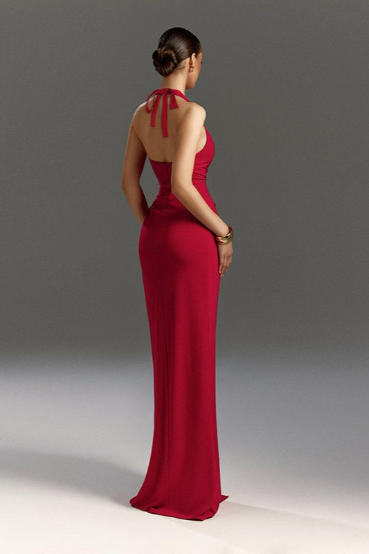 Halter Neck V-Slit Evening Wrap Dress