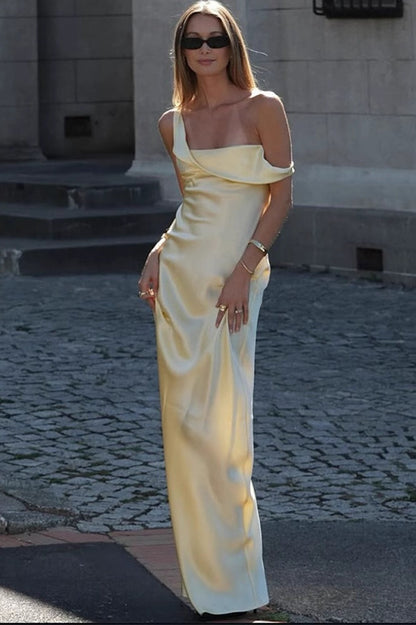 Satin Asymmetric Cowl Neck One Shoulder Column Maxi Dress