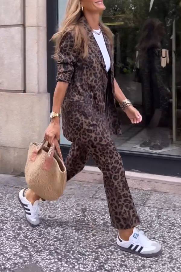 Retro wild leopard print suit cropped pants two-piece suit