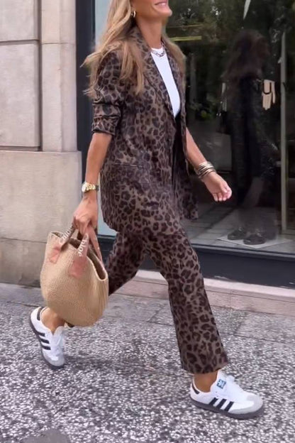 Retro wild leopard print suit cropped pants two-piece suit