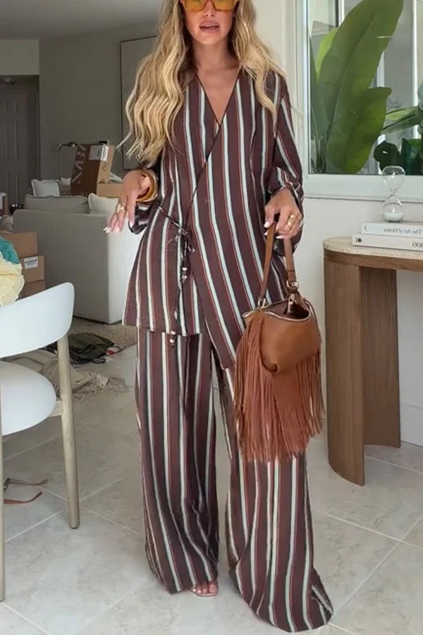 Terez Striped Long Sleeve Wrap Tie-up Jacket and Elastic Waist Pocket Wide Leg Pants Set