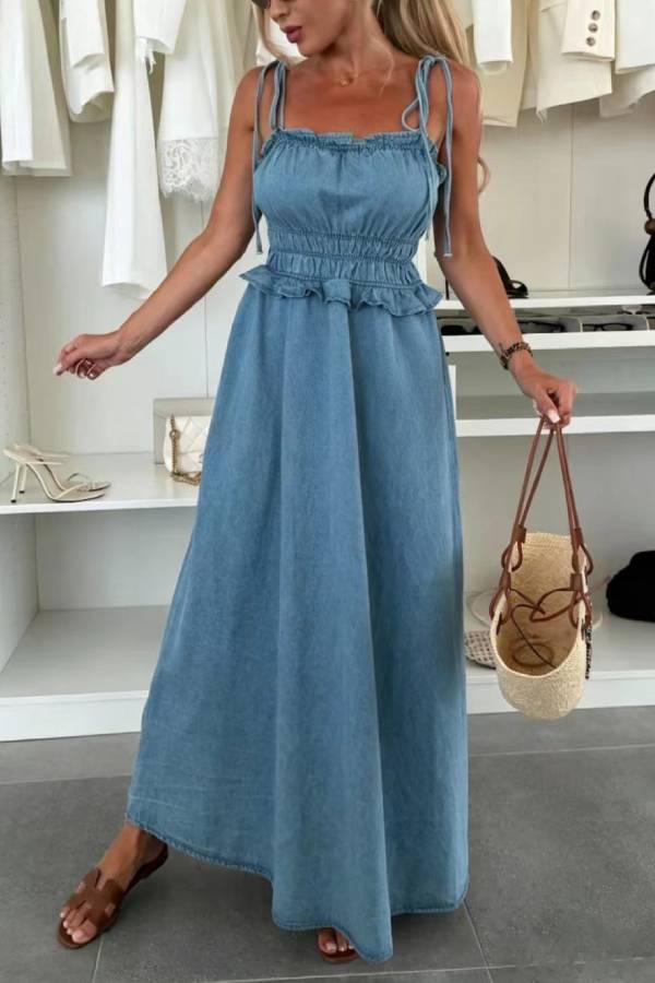 Denim Smocked-Waist Tiered Maxi Dress