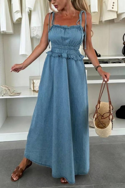 Denim Smocked-Waist Tiered Maxi Dress