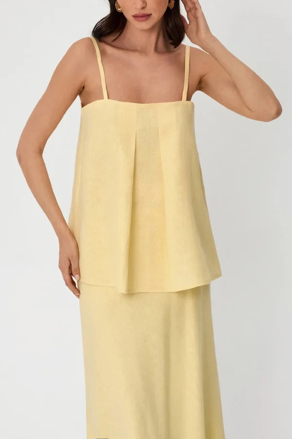 Linen Blend Loose Square Neck Camisole Top and Elegant Resort Maxi Skirt Set