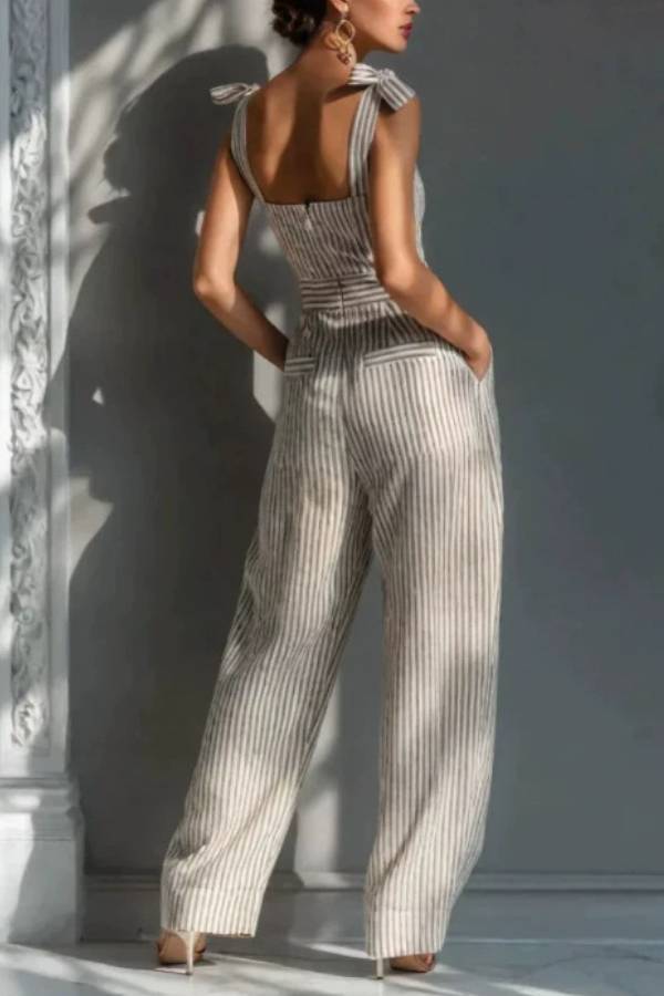 French Striped Square-Neck Bow Wide-Leg Jumpsuit