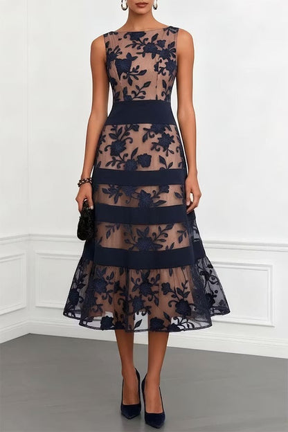 Rosmie Flower Mesh Lace Colorblock Boat Neck Sleeveless A-Line Midi Dress