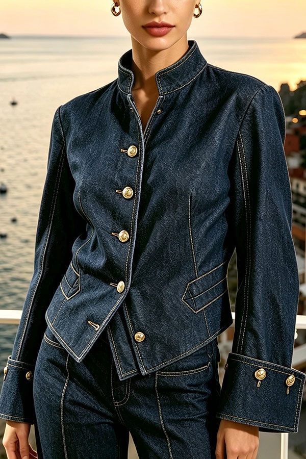 Cowgirl Club Denim Stand Neck Flare Sleeve Metal Buttons Long Sleeve Jacket