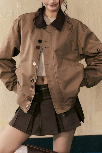 Mocha Brown Contrast Collar Jacket